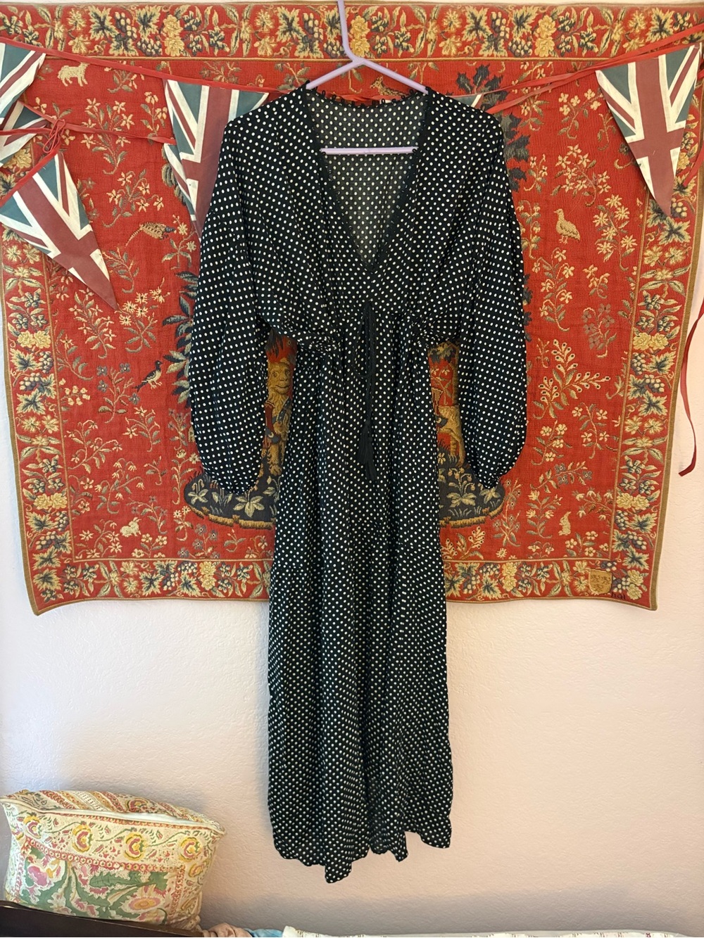 Polka Dot V-Neck Tie-Waist Maxi Dress - Black NWOT